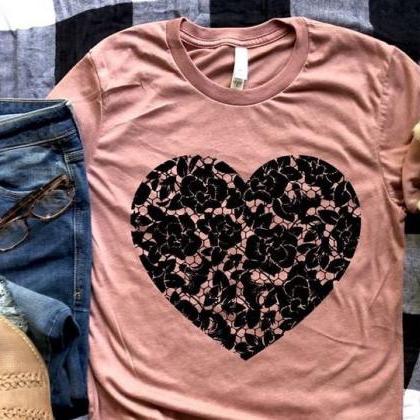 Vintage Lace Heart Shirt. Valentines Day Graphic..