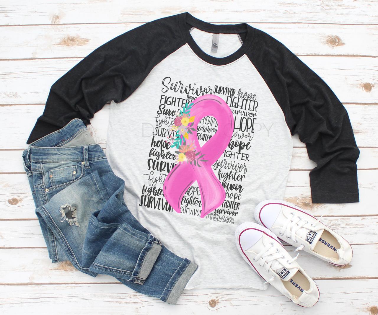 Pink ribbon. In October we wear Pink.Survivor.Hope. Faith. Unisex.Raglan.Sublimation.Support Breast Cancer awareness.Free shipping