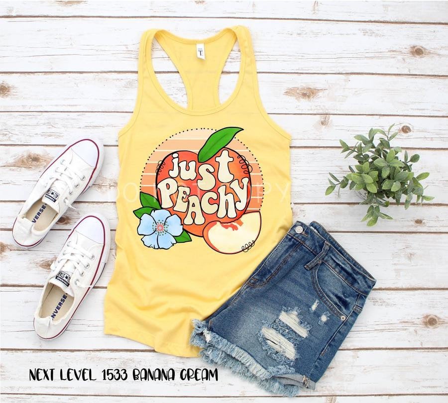 Just Peachy. Next Level Tank. Bella Canvas Tee. Screen Print. Summertime Tee. Ladies Fashion. Peachy.