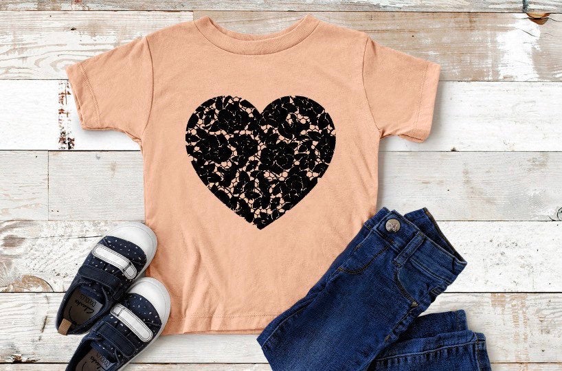 Black Lace Heart Kids Shirt. Vintage Heart. Screen Print. Next Level. Valentines Day Tee. Love. Vintage Valentines. Love.youth