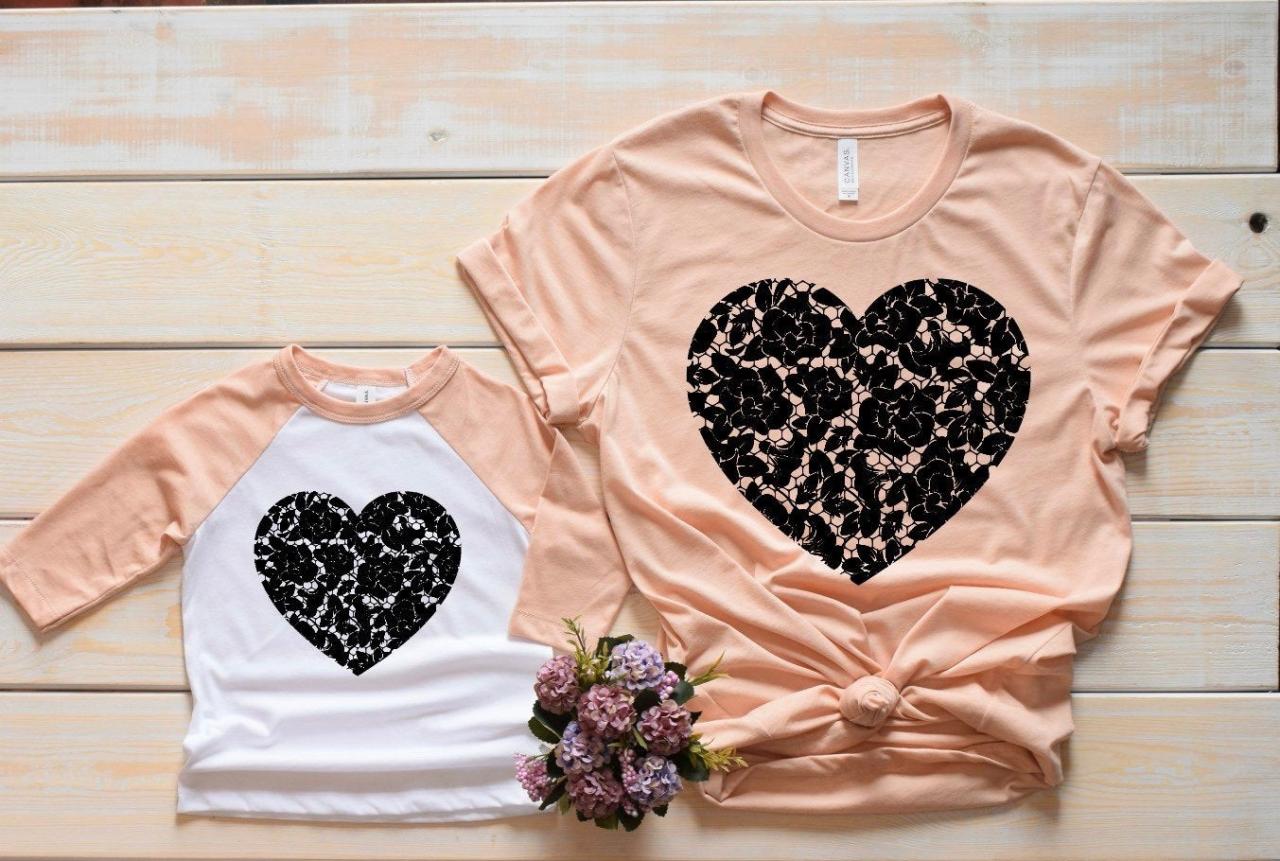 Vintage black lace heart Mommy and me Valentines Day Graphic Tees- Bella Canvas. Screen print. Mommy and me Valentines day Tee/heart shirt