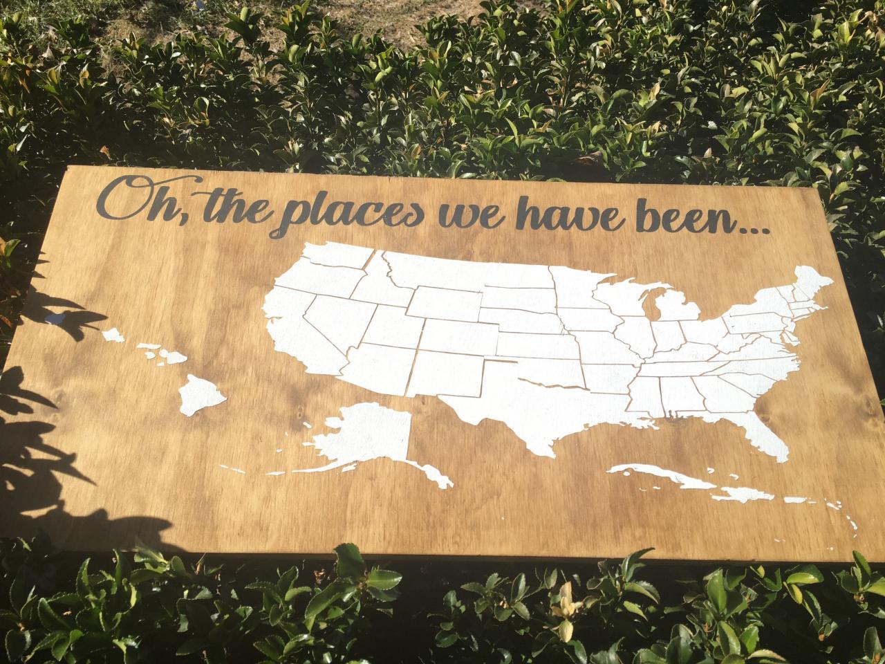 oh, the places we have been 12x24 hand painted wood sign. With hearts to mark places. Map sign. US Map