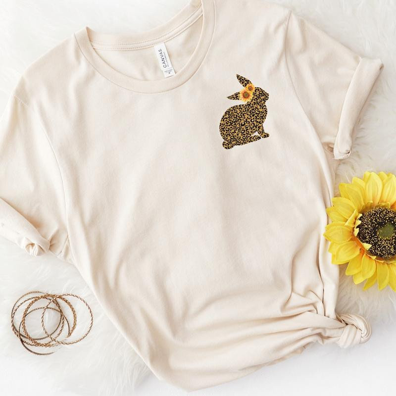 Leopard bunny pocket tee. Easter tee. Sunflower. Spring Ladies tee. Screen print. Gift For Her. Bella Canvas.