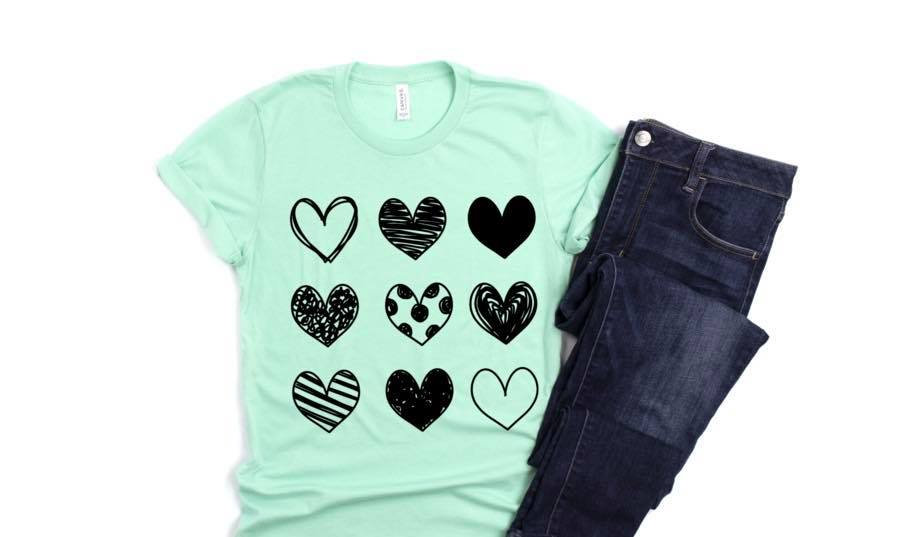Hearts Outline Shirt. Valentines Day Graphic Tees- Bella Canvas. Screen Print. Love Is. Be Kind. Valentines Day Tee. Hearts
