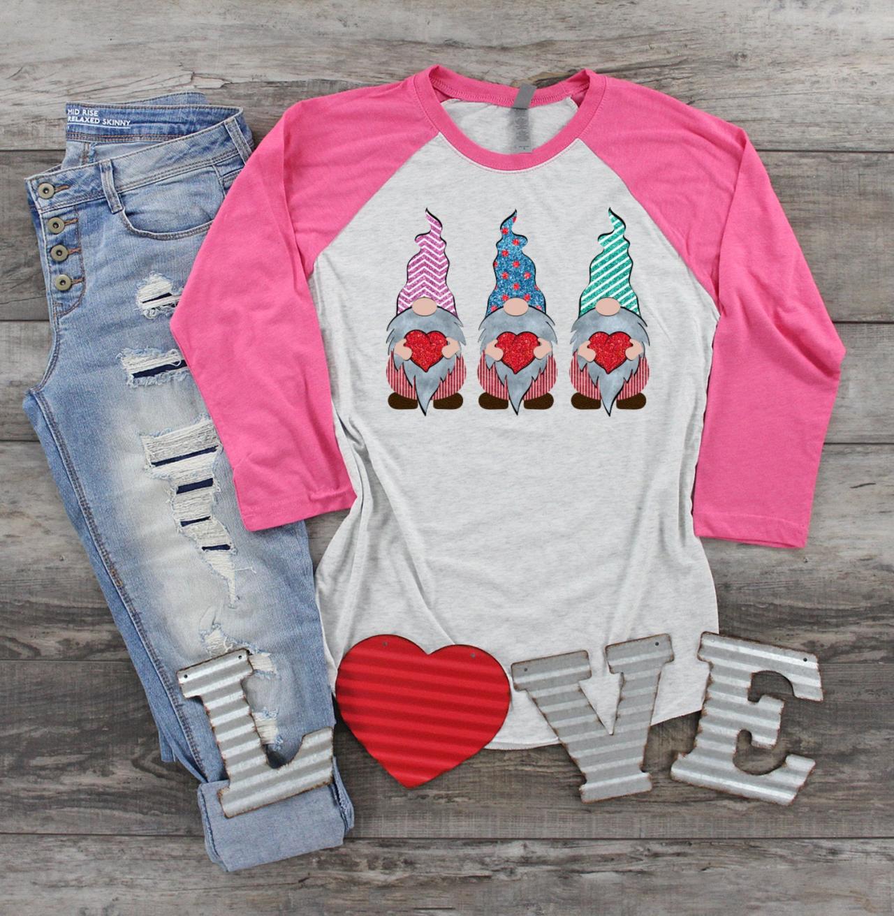 Gnomes And Hearts. Love. Valentines Day Raglan. Sublimation. Next Level. Valentines Day Tee. Love. Gnomes Valentines. Gnomes Love.striped