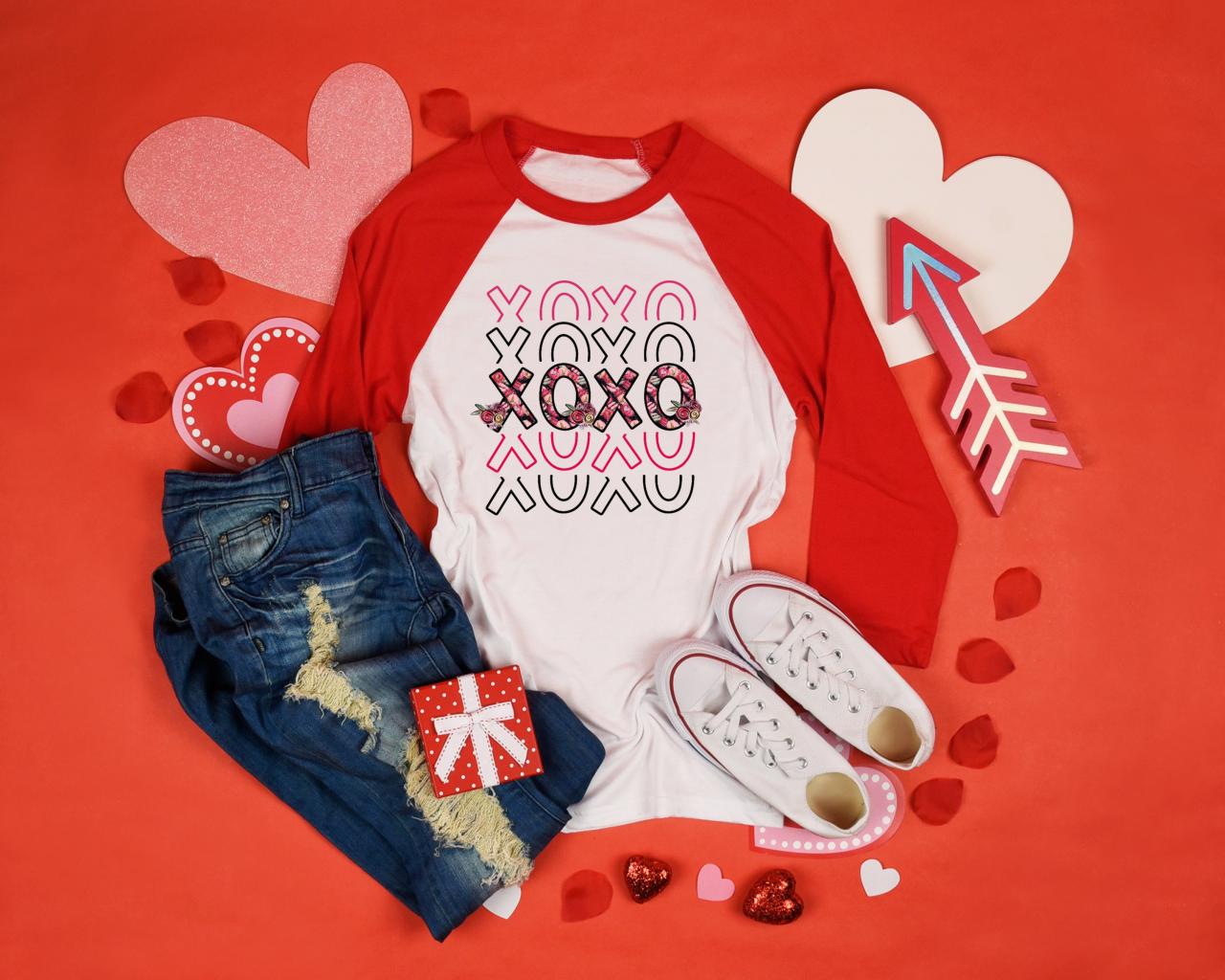 Xoxo Floral Hugs And Kisses. Valentines Day Raglan. Sublimation. Next Level. Valentines Day Tee. Roses