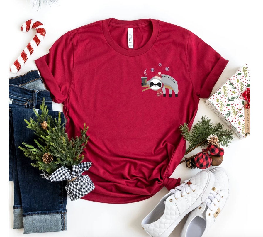 Winter Sloth holiday pocket tee.Holiday Shirt. Screen Print. Graphic Tees. Next level. Bella Canvas.Christmas Tee. Sloth