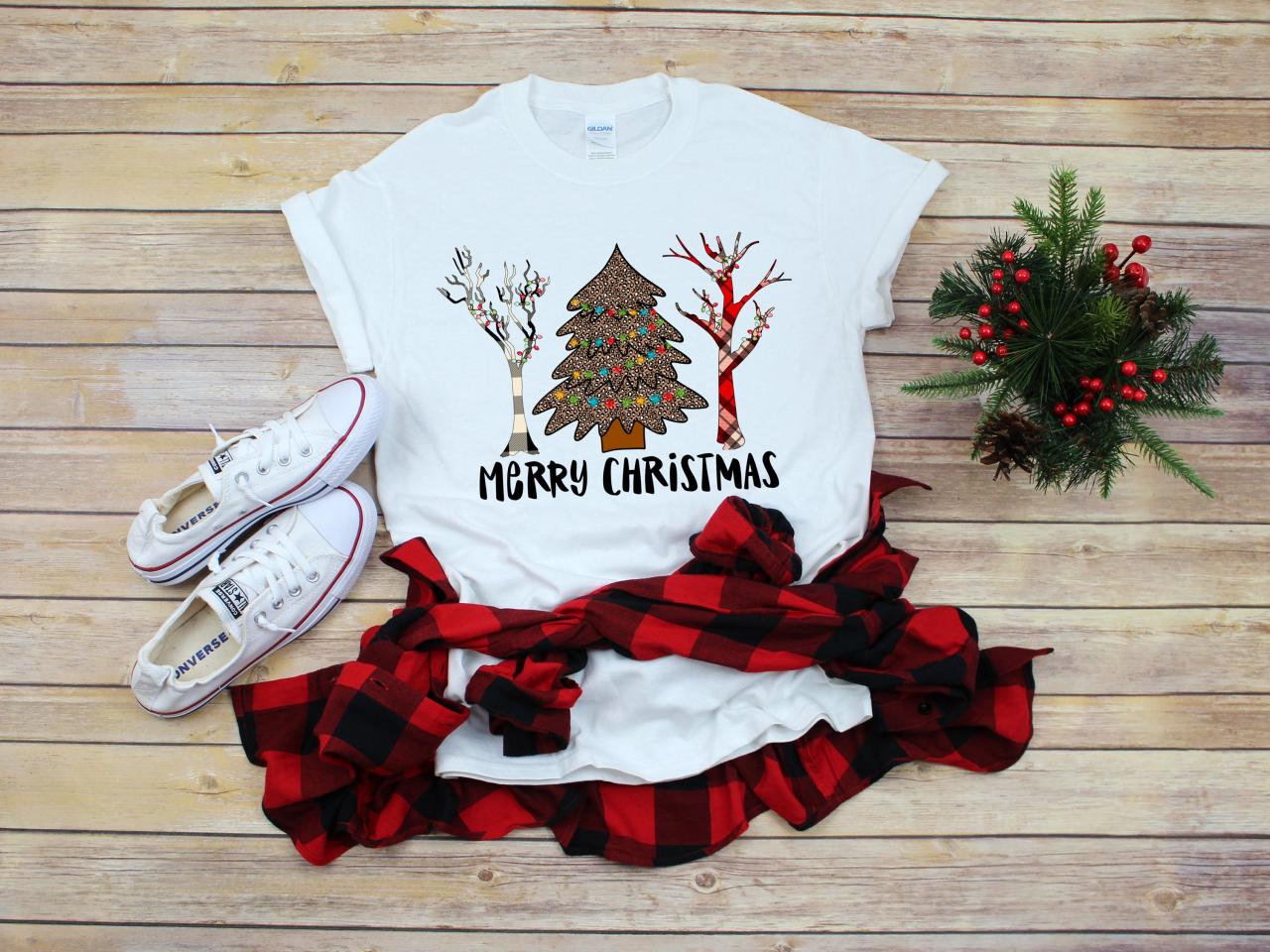Christmas Tree Christmas Shirt. Christmas Tee. Cheetah Print. Raglan. Sublimation. Next Level- Buffalo Plaid