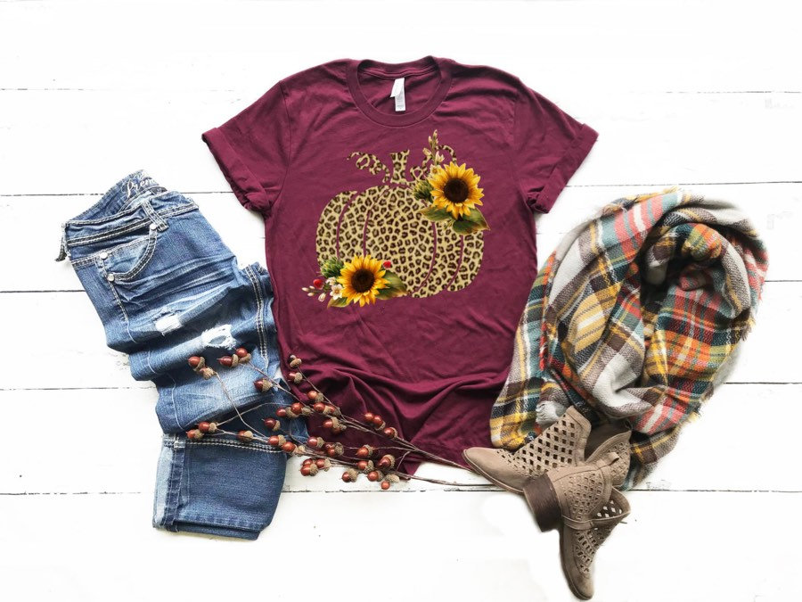Sunflower cheetah print pumpkin shirt - Thanksgiving T-shirt- Fall Graphic Tees- Bella Canvas. Screen print. Bella Canvas