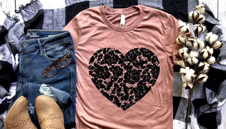 Vintage Lace Heart Shirt. Valentines Day Graphic Tees- Bella Canvas. Screen Print. Love Is. Be Kind. Valentines Day Tee