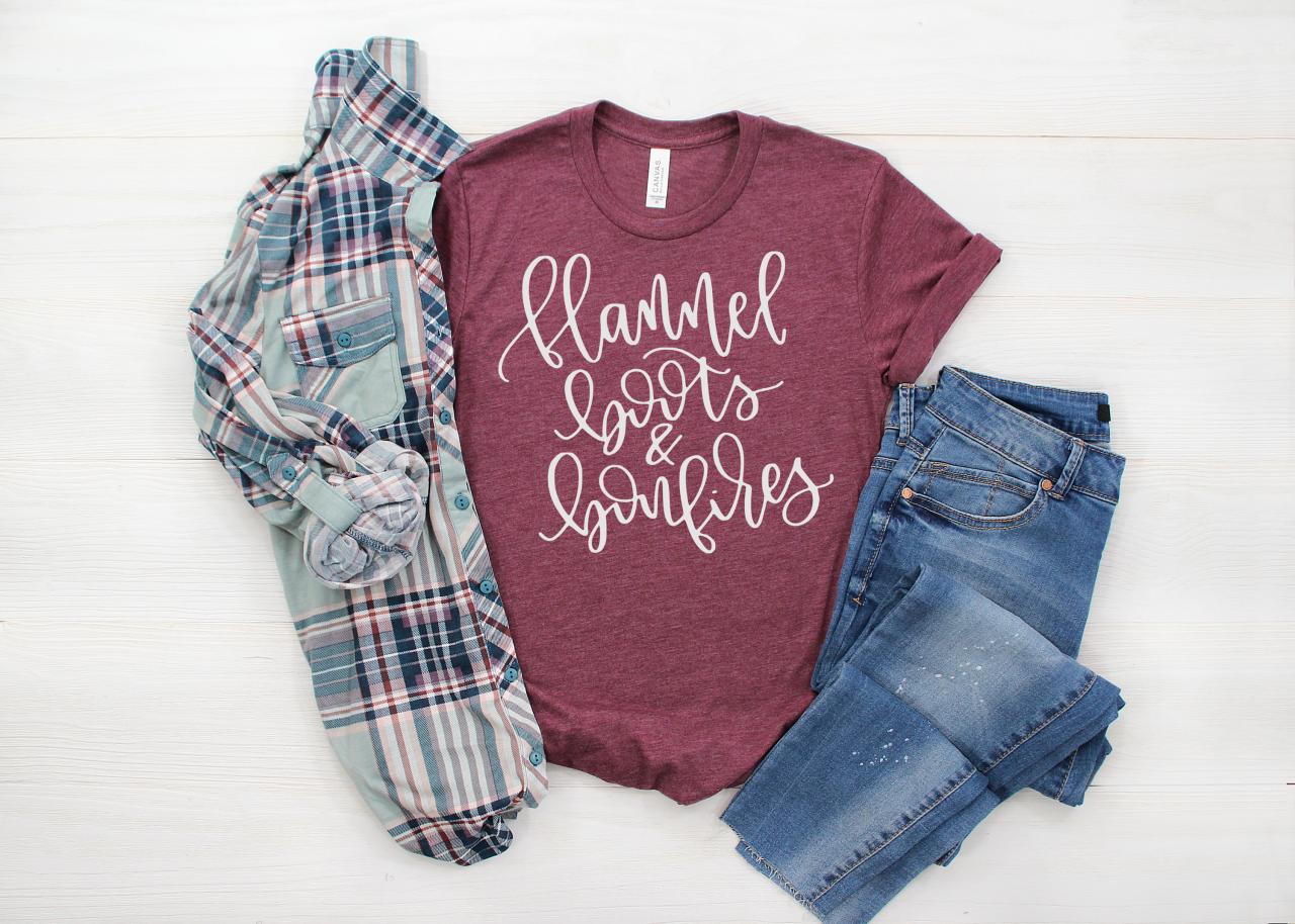 Flannel. Boots. Bonfires. Ladies Tee. Thanksgiving.thankful. Blessed. Bella Canvas Tee
