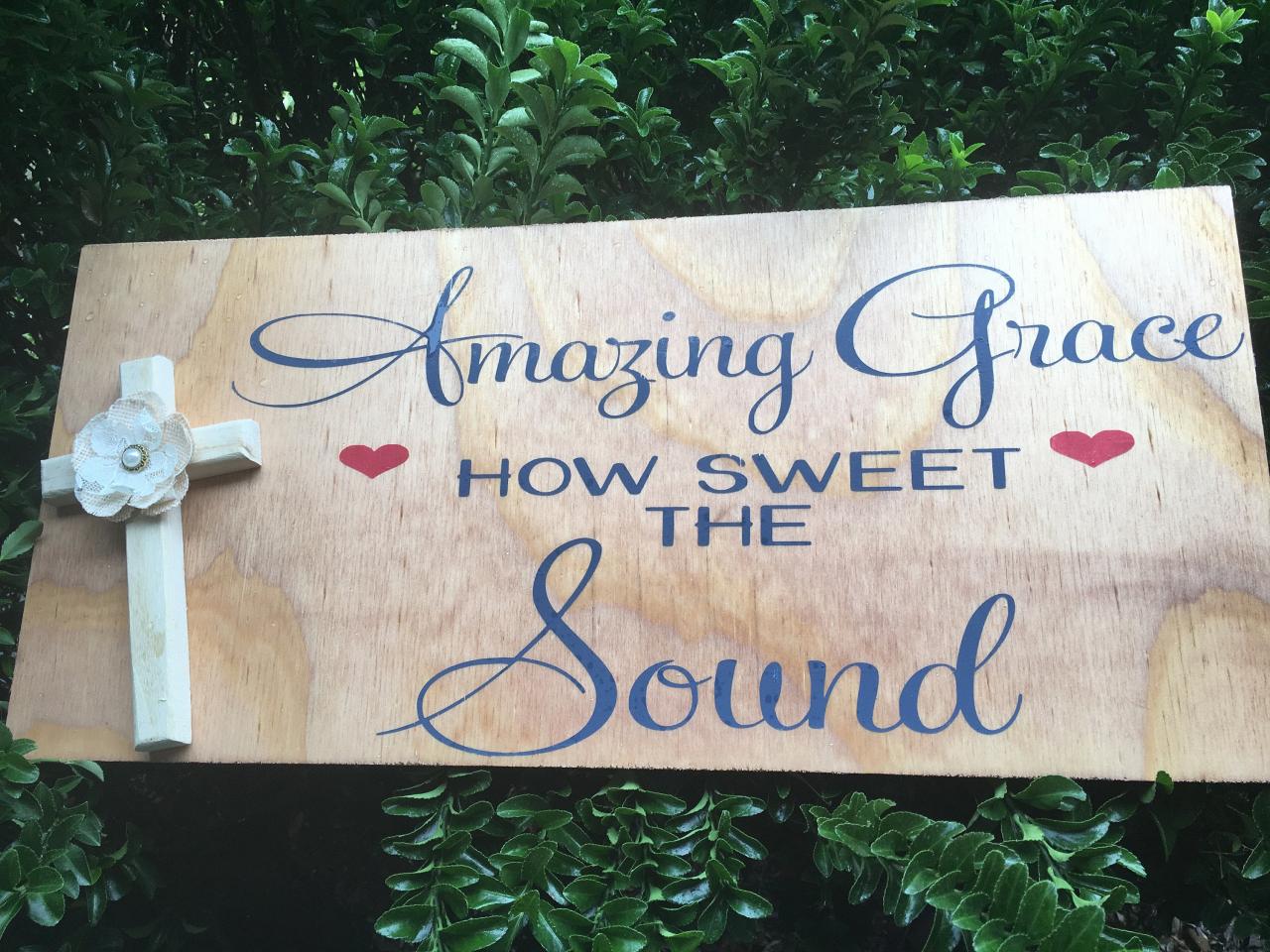 Amazing Grace 11x24 Hand Painted Stained Wood Sign With Cross
