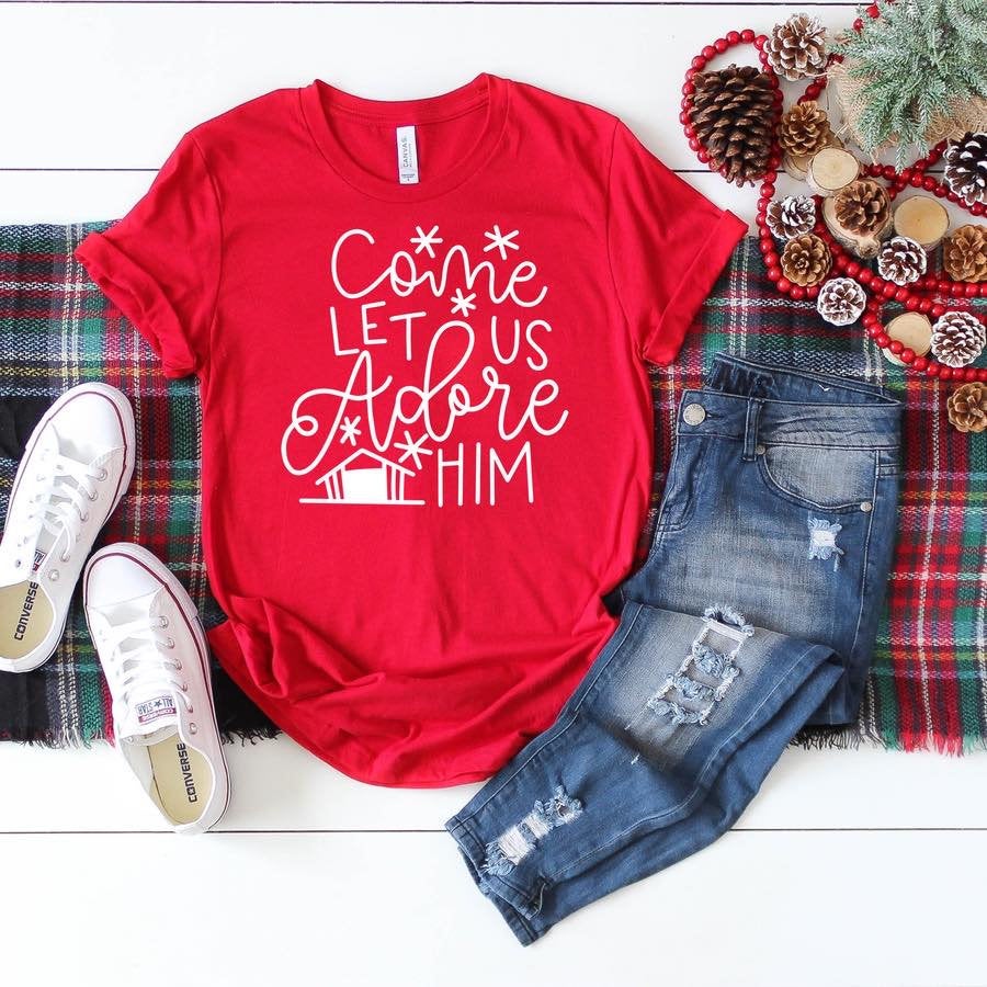Come Let Us Adore Him Shirt. Christmas Shirt. Holiday Shirt. Screen Print. Graphic Tees. Bella Canvas.