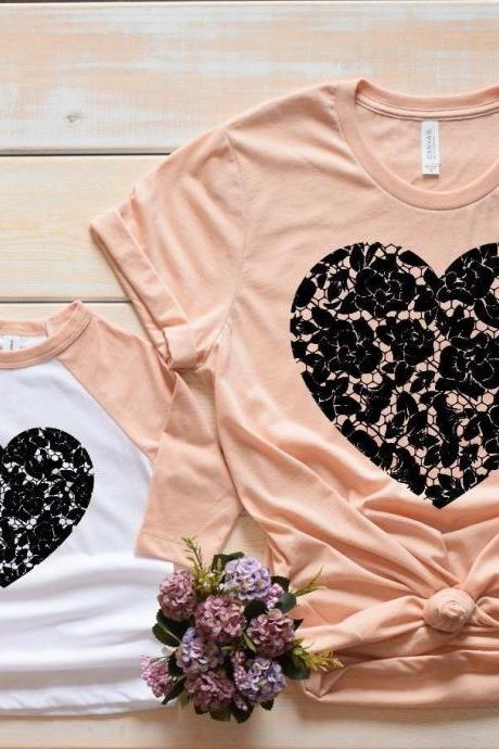 Vintage Black Lace Heart Mommy And Me Valentines Day Graphic Tees- Bella Canvas. Screen Print. Mommy And Me Valentines Day Tee/heart Shirt