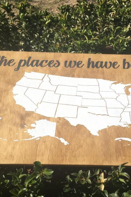 oh, the places we have been 12x24 hand painted wood sign. With hearts to mark places. Map sign. US Map