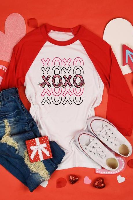 Xoxo Floral Hugs And Kisses. Valentines Day Raglan. Sublimation. Next Level. Valentines Day Tee. Roses