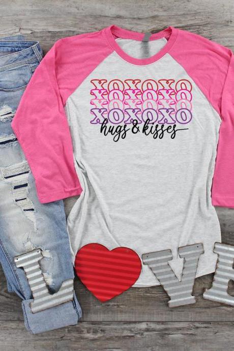 Xoxo Hugs And Kisses. Valentines Day Raglan. Sublimation. Next Level. Valentines Day Tee