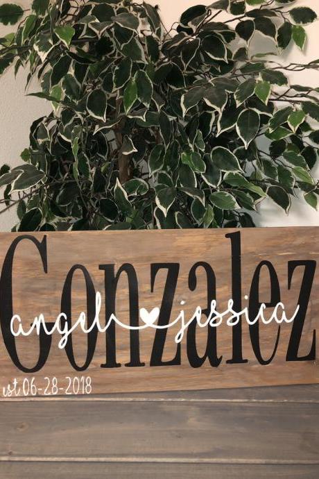 Custom last name, first name, established hand painted wood sign. Wedding gift. Bridal shower gift. Anniversary gift. Family name gift idea