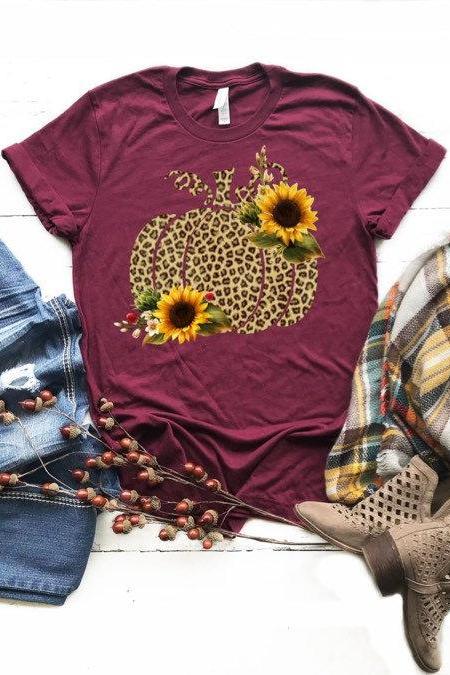 Sunflower cheetah print pumpkin shirt - Thanksgiving T-shirt- Fall Graphic Tees- Bella Canvas. Screen print. Bella Canvas