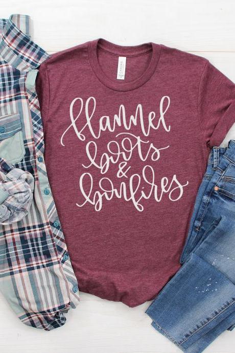 Flannel. Boots. Bonfires. Ladies Tee. Thanksgiving.Thankful. Blessed. Bella Canvas Tee