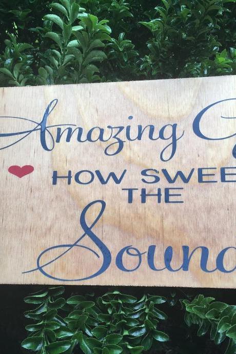 Amazing Grace 11x24 hand painted stained wood sign with cross