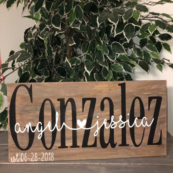 Custom last name, first name, established hand painted wood sign. Wedding gift. Bridal shower gift. Anniversary gift. Family name gift idea